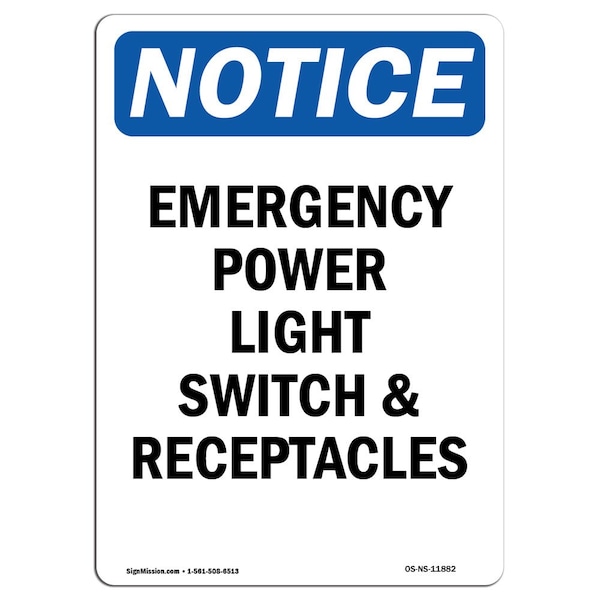 Safety Sign, OSHA Notice, 5" Height, Emergency Power Light Switch And Sign, Portrait, 10PK